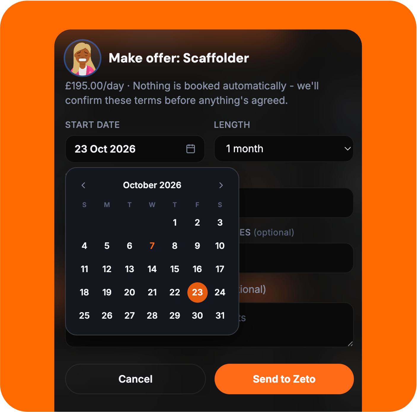 Make offer dialog with date picker and booking details
